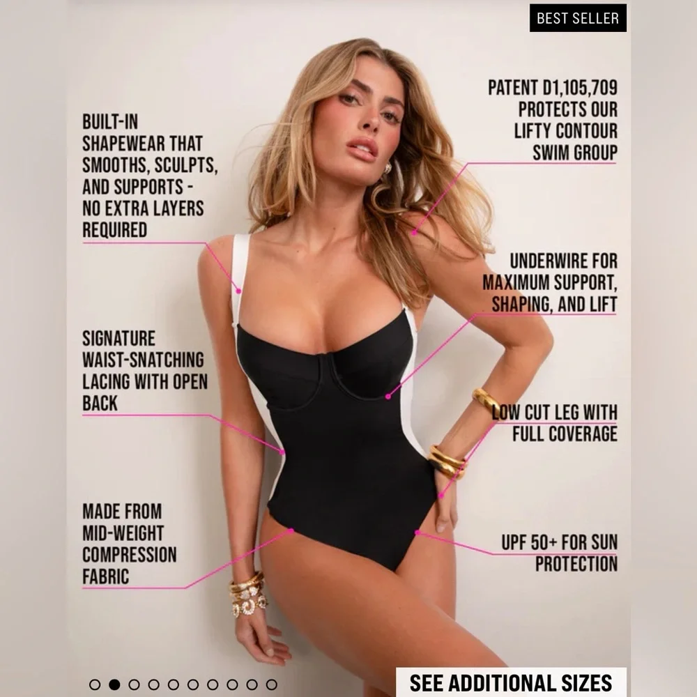 TA3 Lifty black white one piece swimsuit sz 4X extra long C cup Shapeware laceup - Picture 6 of 15